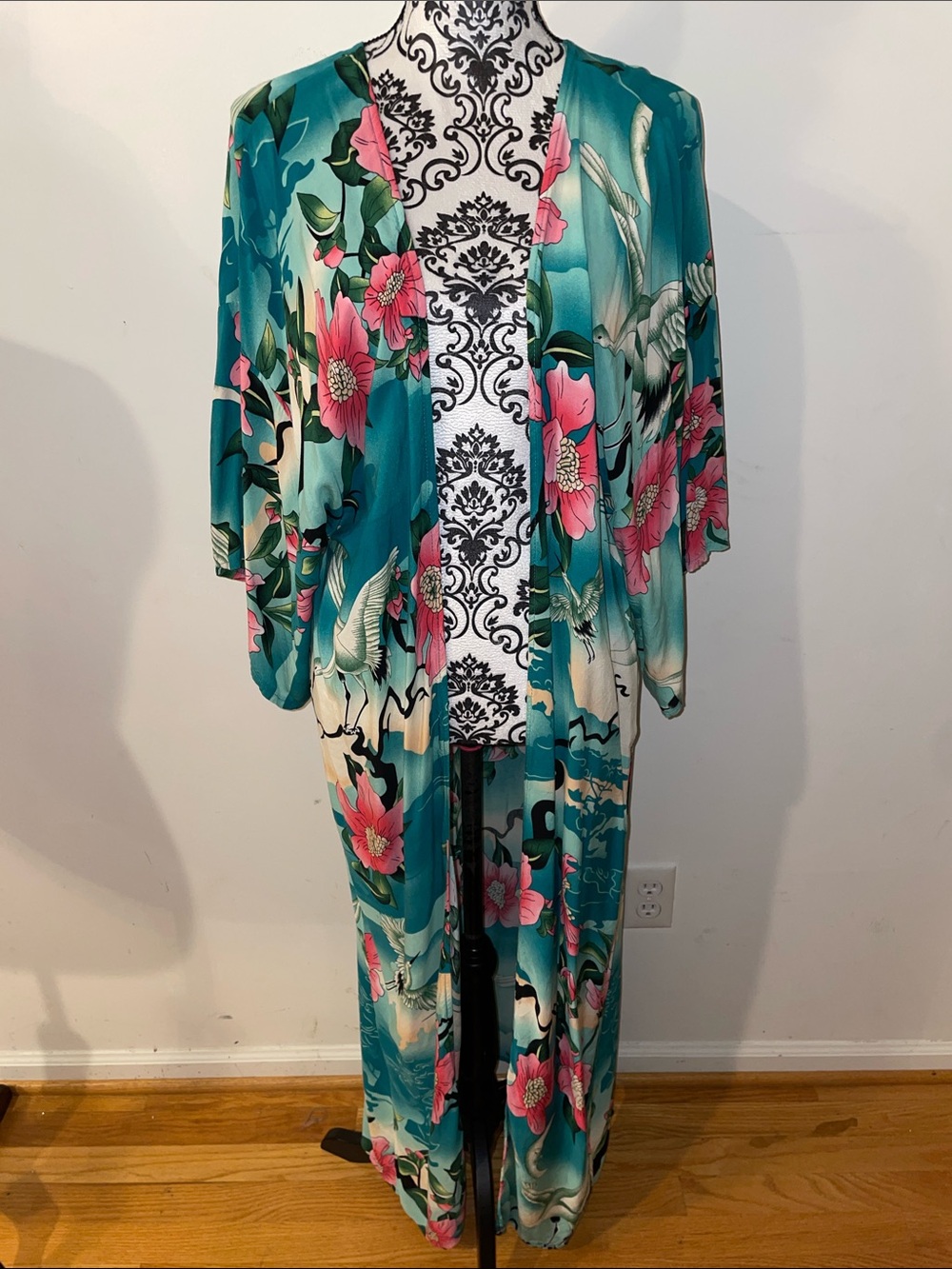 Teal Floral Satin Kimono Robe with Pink Blossom Accents One Size Fits Most